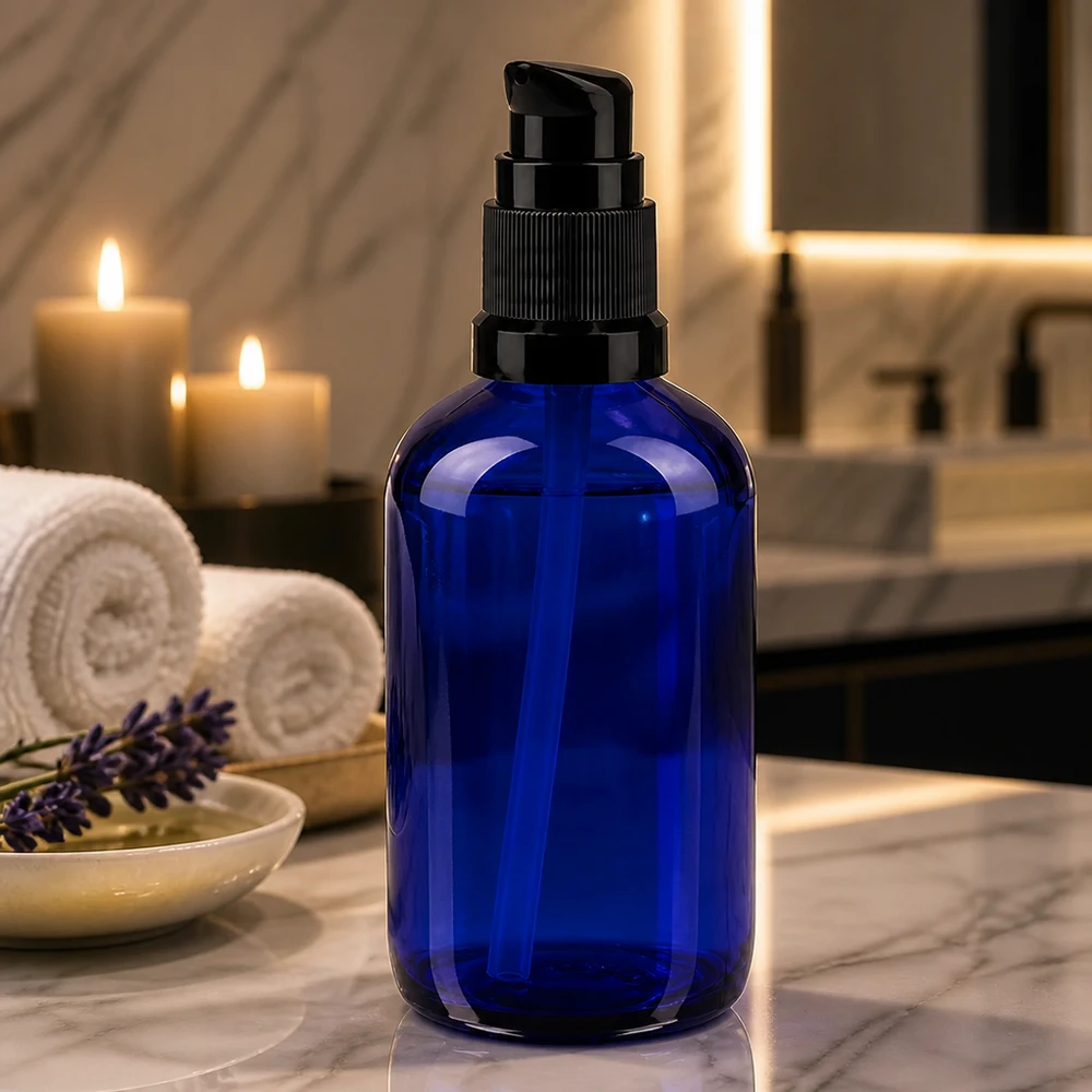 Elegante flacone con dosatore da 100 ml in vetro da farmacia blu con erogatore nero, posato su una base di marmo accanto a delle candele