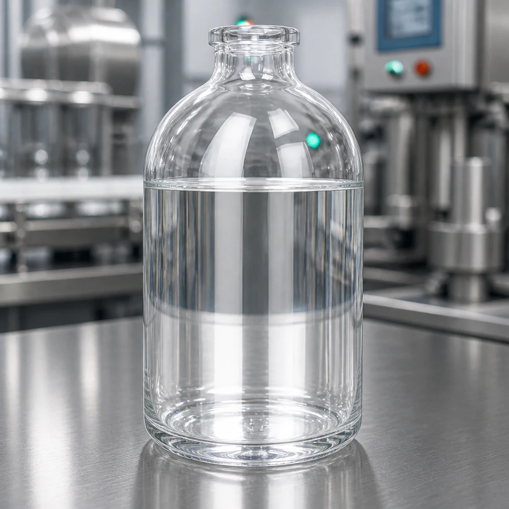 Flacone per iniezione in vetro trasparente 100ml Medizinische Klarglasflasche 100ml mit flachem Standboden vor industriellem Maschinenhintergrund