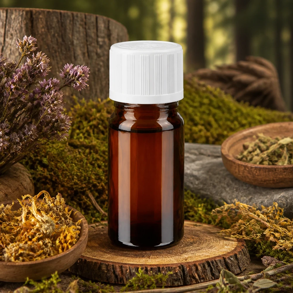 Piccolo flaconcino in vetro ambrato da 5 ml con tappo bianco KiSi su un dischetto di legno tra erbe naturali