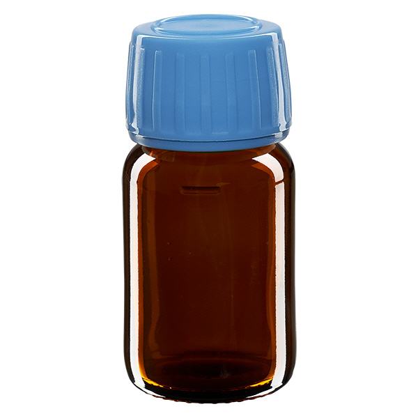 Flacone per medicinali da 30 ml marrone, tappo blu con chiusura antimanomissione Flacone per medicinali da 30 ml marrone, tappo blu con chiusura antimanomissione