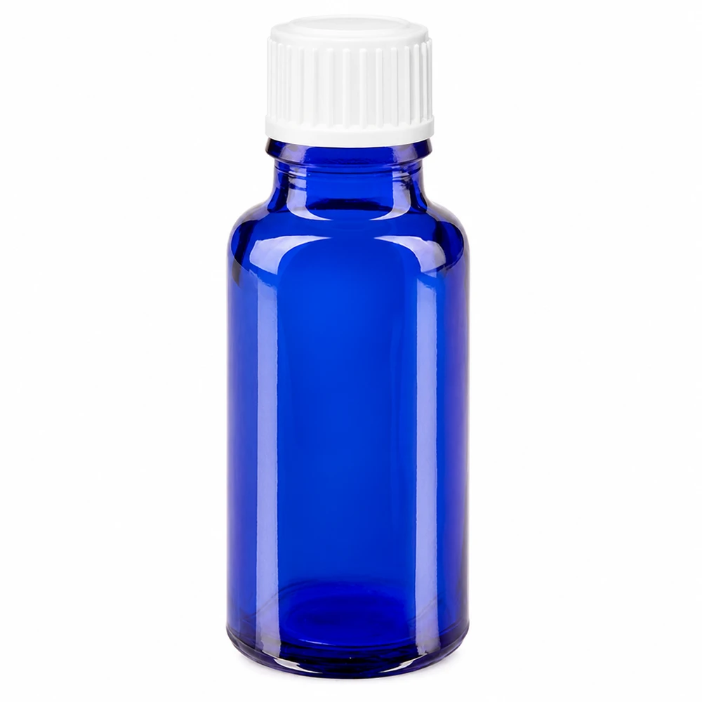 Flacone da 20ml blu (Glo.) GR STD bianco/3mm ApoGlas Flacone in vetro blu da 20 ml con tappo a vite bianco per farmacie e laboratori