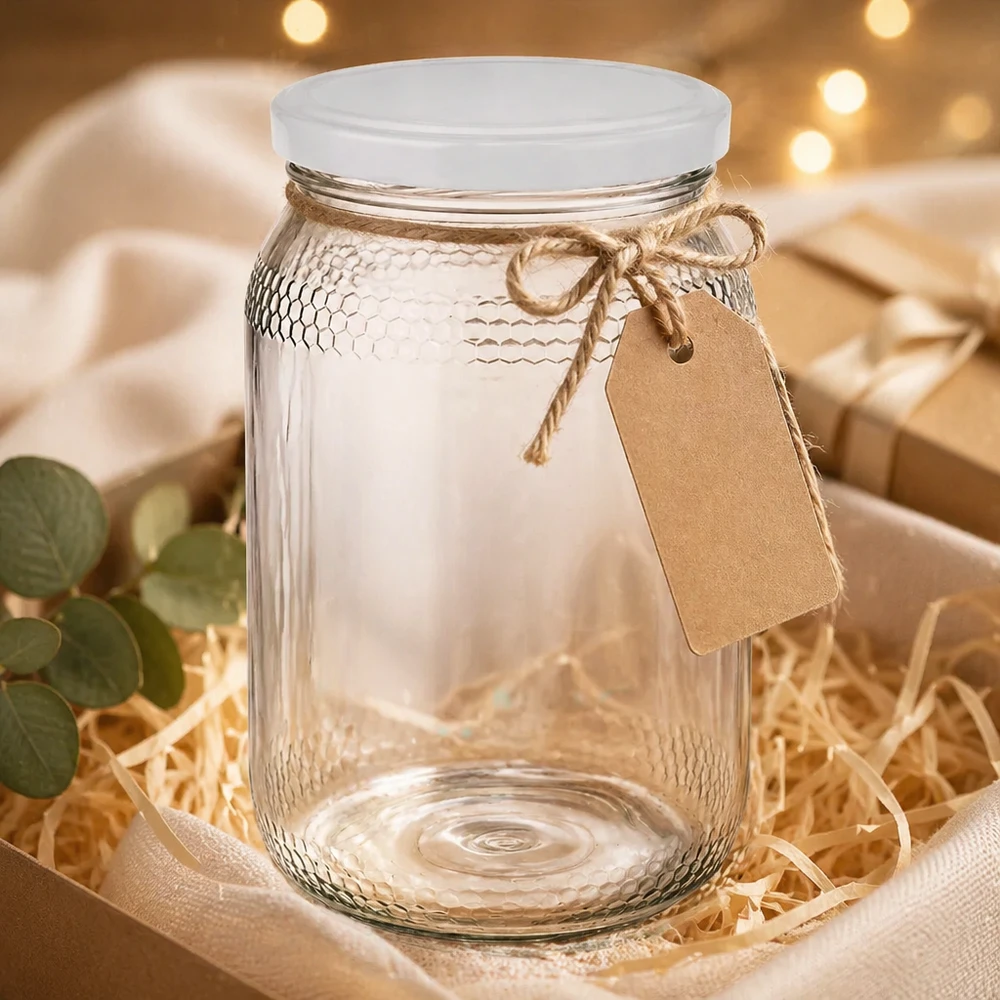 Vasetto per miele da 1260 g con capsula bianca BasicSeal UNiTWIST Vasetto di miele vuoto da 900 ml con coperchio BasicSeal bianco e cartellino regalo in confezione regalo rustica