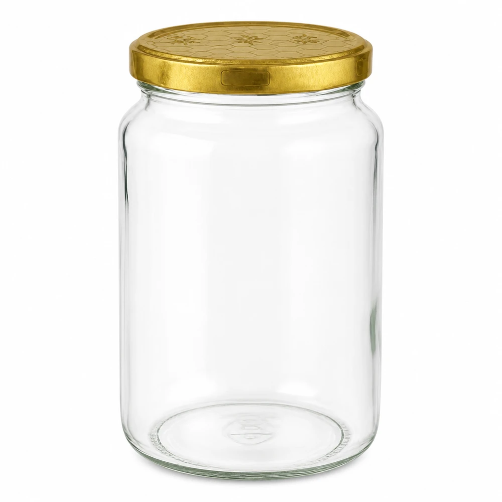 Barattolo rotondo da 795 ml + coperchio BasicSeal a nido d'ape UN.. Vasetto rotondo da 795 ml con coperchio BasicSeal dorato a nido d'ape UN per miele e marmellata