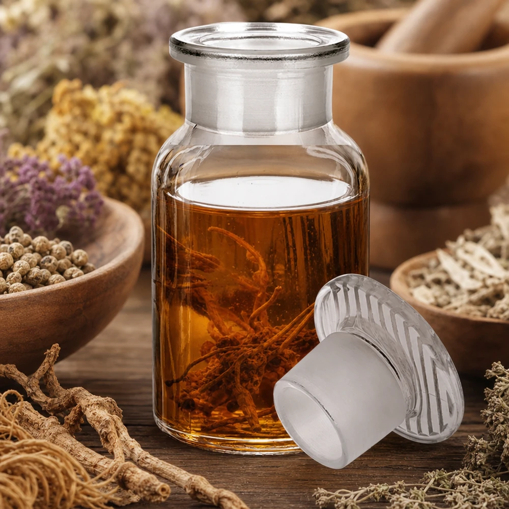 Bottiglia a spalla tonda 100ml trasparente a collo largo con tappo in vetro Flacone a spalle arrotondate da 100 ml, trasparente, con tappo in vetro a collo largo, per estratti di erbe e tinture