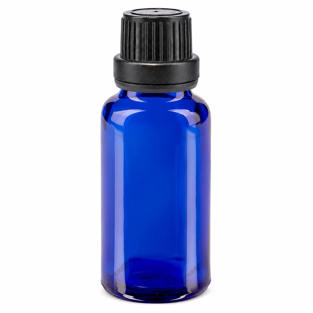 Flacone da farmacia in vetro blu da 20 ml con tappo di sicurezza nero da 11 mm