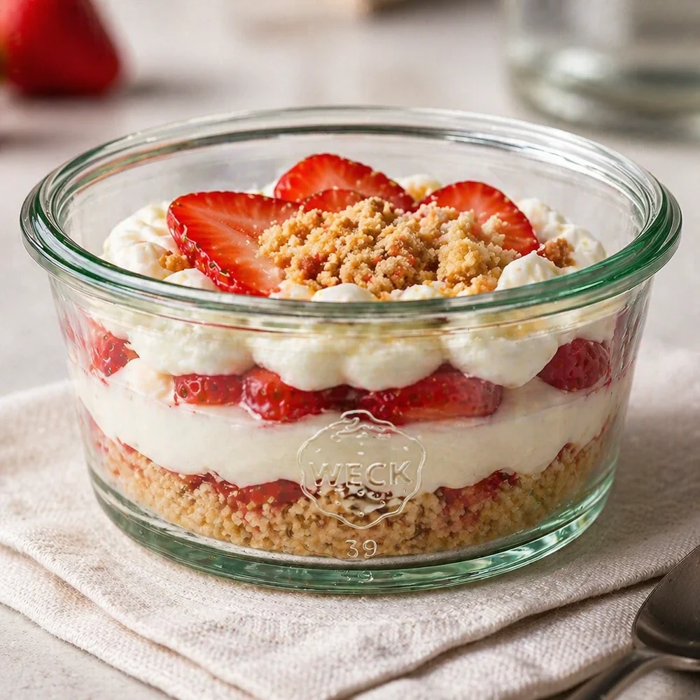 WECK vaso gourmet RR80 165ml con dessert alla crema di fragole e zuccherini come presentazione del dessert su panno di lino