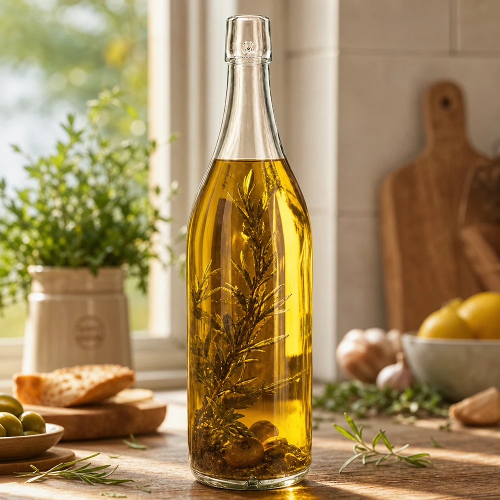 Bottiglia in vetro da 1000 ml senza tappo UNiTWIST Bottiglia di vetro 1000ml UNiTWIST riempita con olio d'oliva erbe aromatiche Scena di cucina Esempio di applicazione Tappo a vite