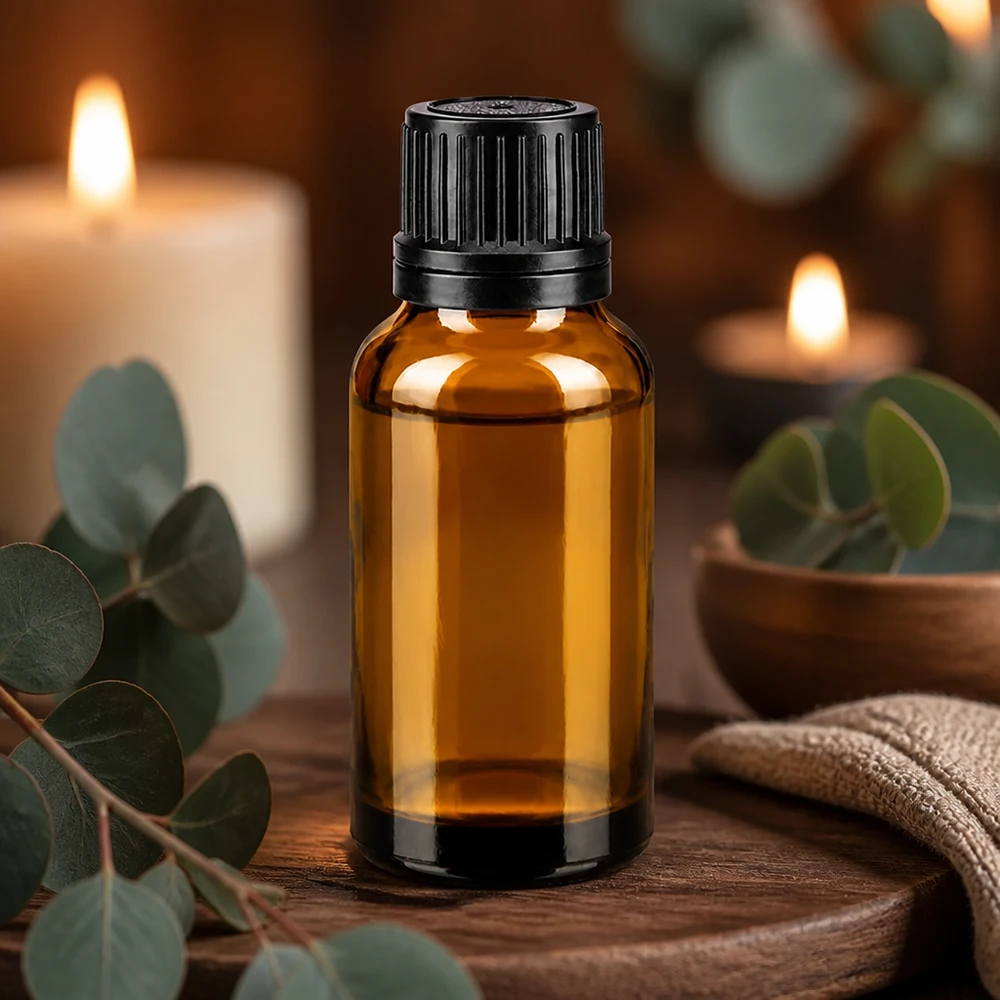 Flacone di vetro marrone da 20 ml con tappo contagocce nero su base di legno, con eucalipto e candele
