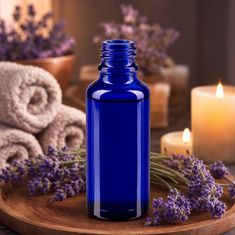 Flacone farmaceutico blu da 30ml ApoGlas Piccolo flacone da farmacia ApoGlas da 30 ml di un blu intenso accanto a freschi fiori di lavanda
