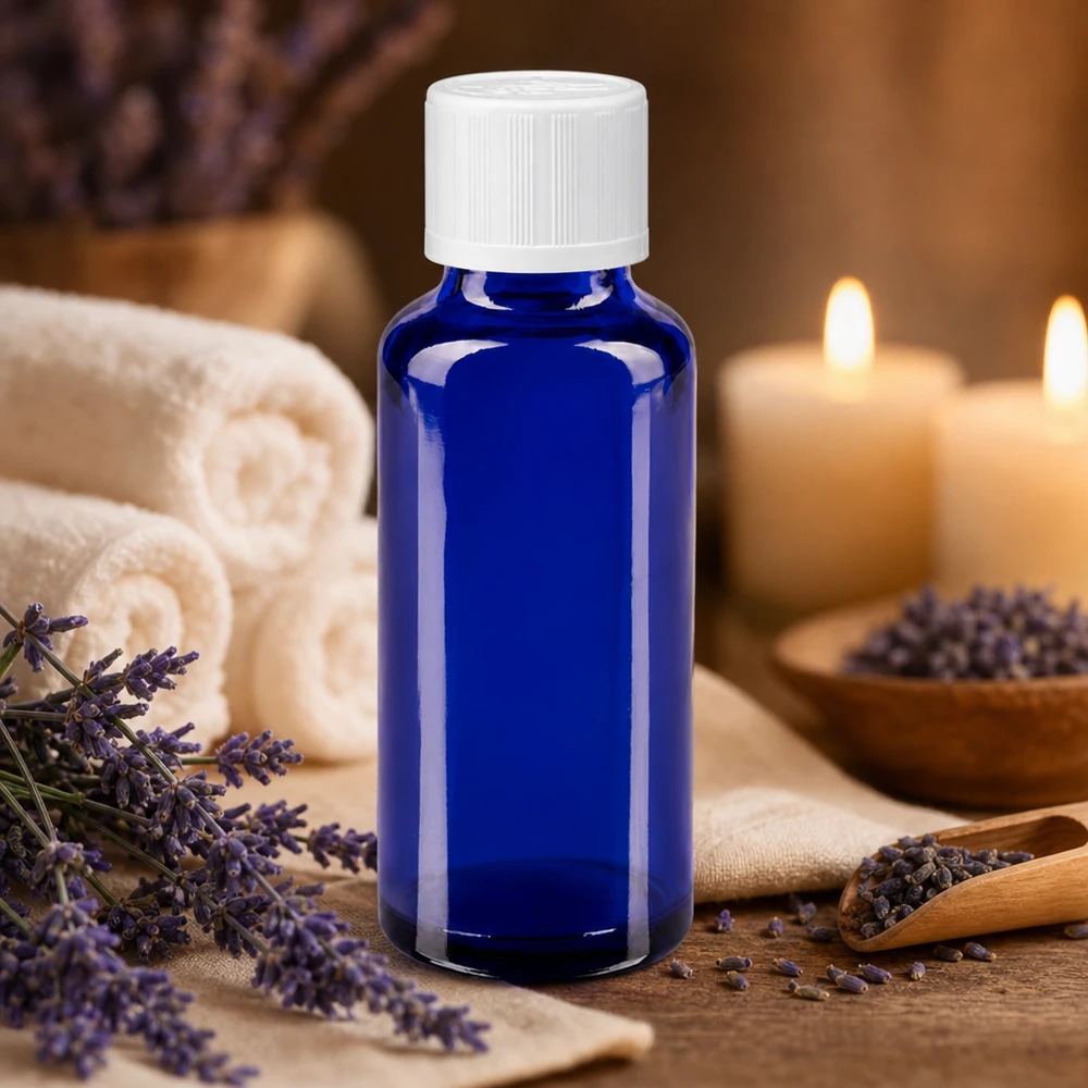 Contagocce blu da 30 ml. STD KiSi bianco/1,2mm ApoGlas Flacone di vetro blu da 30 ml con contagocce, circondato da fiori di lavanda e candele per l'aromaterapia