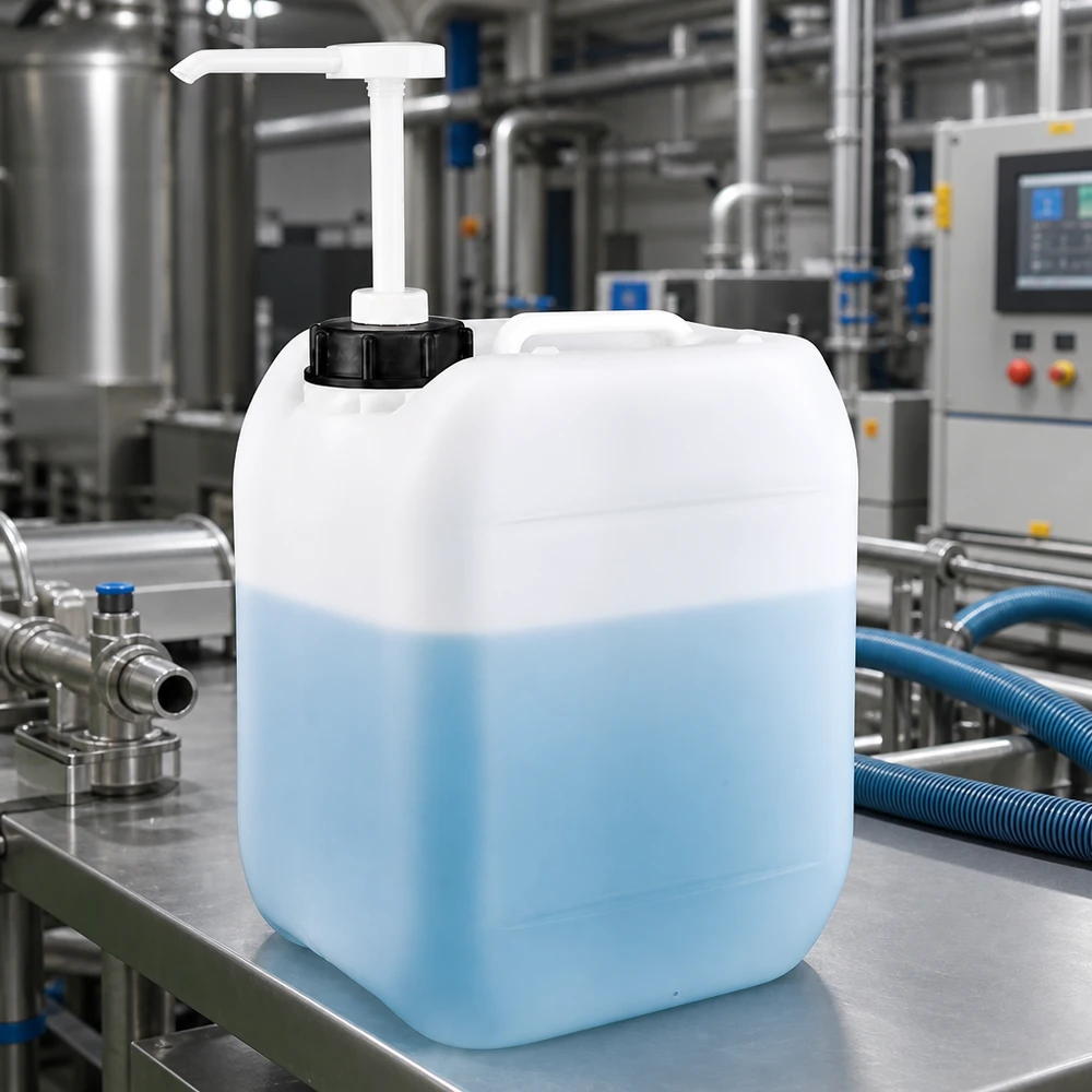 Tanica da 5 litri con pompa dosatrice Tanica trasparente da 5 litri contenente un liquido blu e dotata di una pompa dosatrice bianca in un impianto di produzione industriale