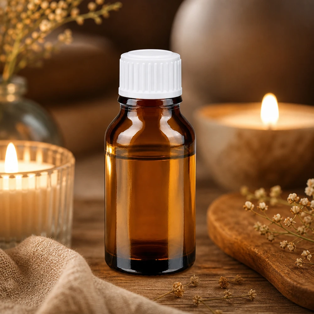Bottiglia per farmacia marrone 15ml tappo a vite bianco pc Bottiglia di vetro color ambra da 15 ml con tappo a vite bianco su una superficie in legno con candele