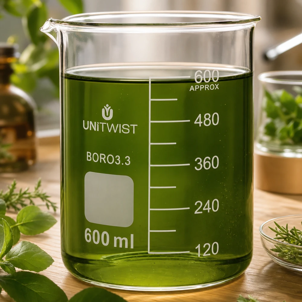 Bicchiere UNiTWIST da 600 ml riempito con un liquido alle erbe di colore verde e circondato da erbe fresche