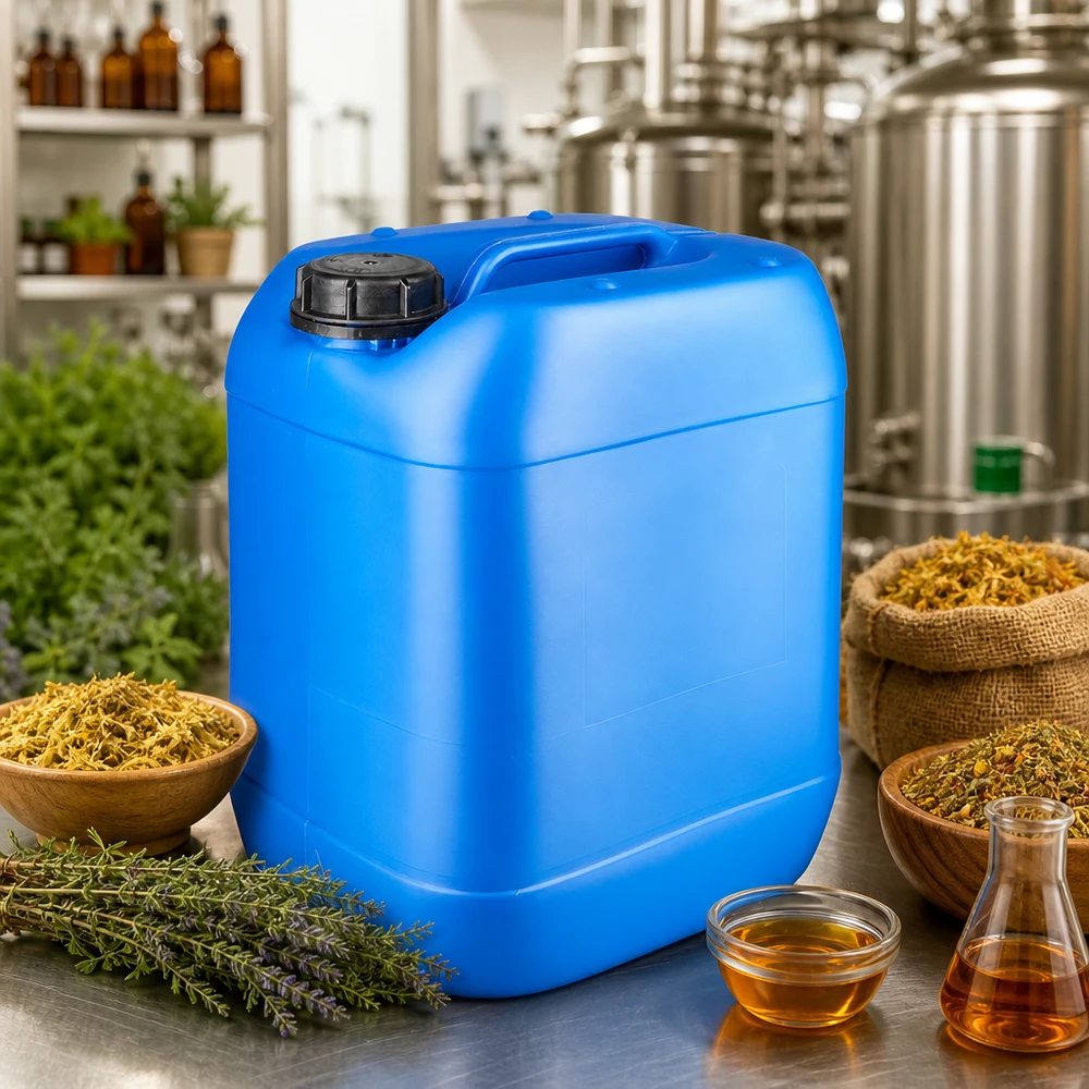 Tanica blu da 20 litri con tappo a vite per oli alle erbe ed estratti naturali