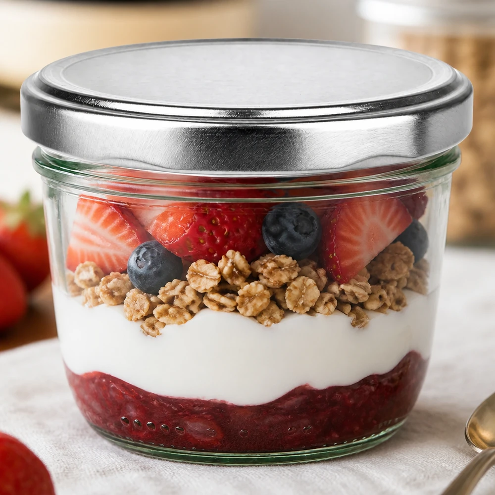 Bicchieri da 230 ml con coperchio BasicSeal argento UNiTWIST Bicchieri da 230 ml con coperchio argentato BasicSeal riempiti di yogurt, bacche e noci come dessert in barattolo Esempio di utilizzo
