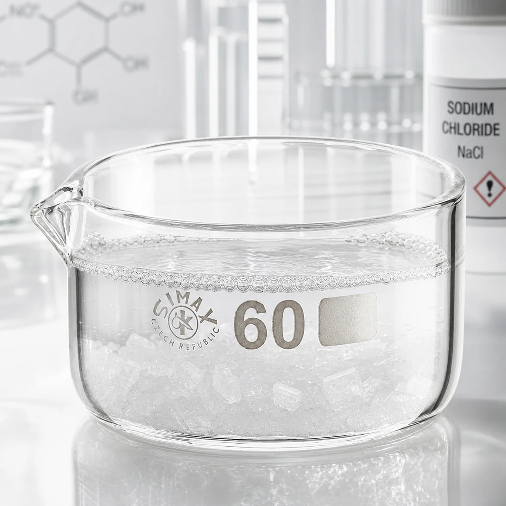 Piatto per cristallizzazione da 60 ml con beccuccio Bo. ø60mm Ciotola di cristallizzazione da 60 ml con cristalli di cloruro di sodio; ciotola da laboratorio in vetro, forma piatta, con beccuccio