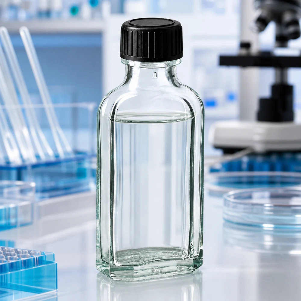 Tappo a vite trasparente Meplat da 50 ml con disco di tenuta LKD Flacone trasparente Meplat da 50 ml con guarnizione LKD in ambito di laboratorio professionale