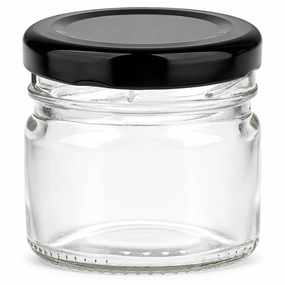 Contenitore in vetro trasparente da 33 ml con coperchio in metallo nero lucido BasicSeal UNiTWIST