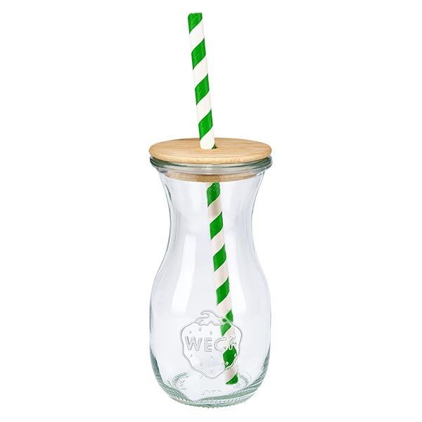 6 x WECK 290ml bottiglia di succo RR60 con coperchio in legno e 100 eco S Bottiglia per succhi di frutta WECK da 290 ml con coperchio in legno naturale e cannuccia ecologica verde e bianca, bicchiere a visione singola