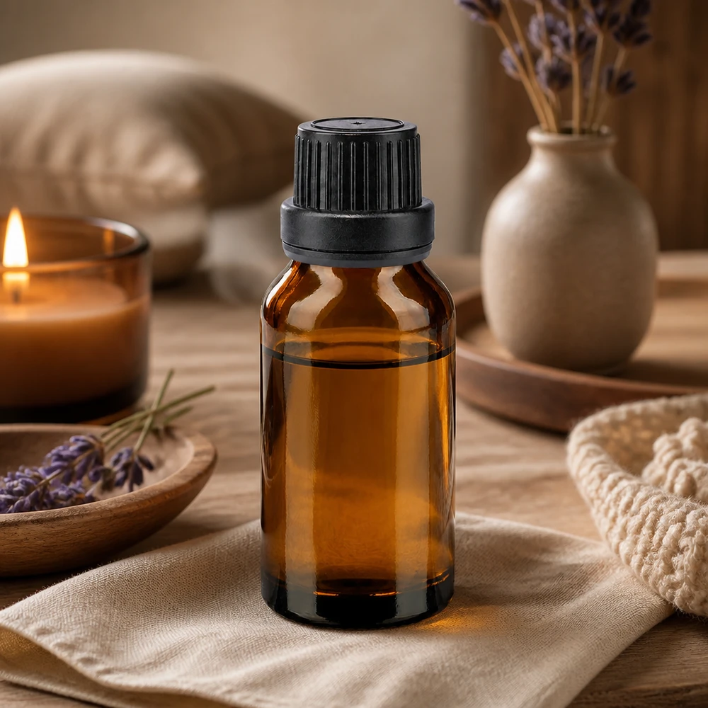 Bottiglia da farmacia marrone da 30ml. SV OV nero/11mm ApoGlas Bottiglia di vetro marrone da 30 ml con tappo a vite nero, appoggiata su un tessuto di lino accanto a fiori di lavanda