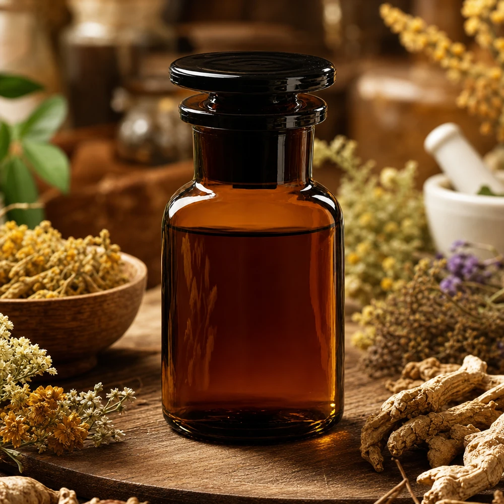Classico flacone da farmacia da 100 ml, marrone, con collo largo e tappo di vetro, circondato da erbe medicinali