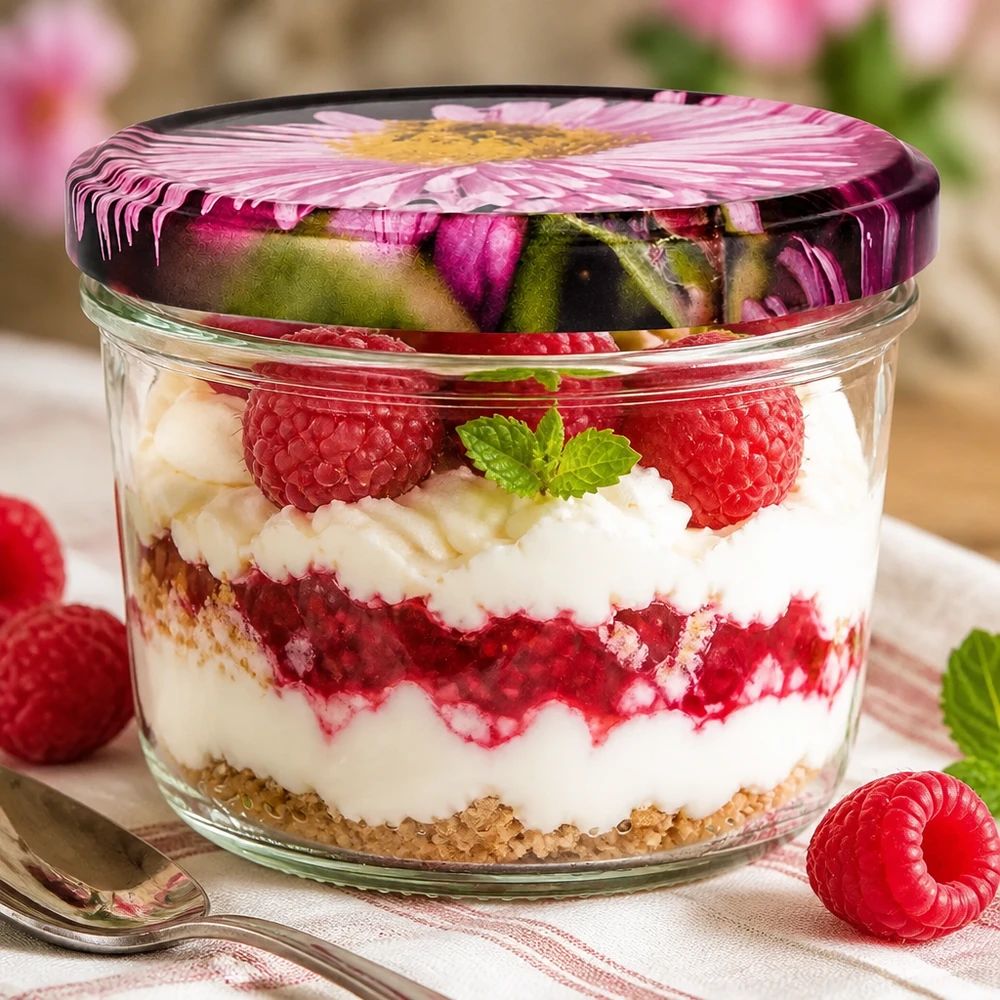 Bicchieri da 230 ml + coperchio BasicSeal design floreale UNiTWIST Coperchio a fiore BasicSeal da 230 ml riempito con dessert al lampone, dessert a strati con panna e frutti di bosco freschi