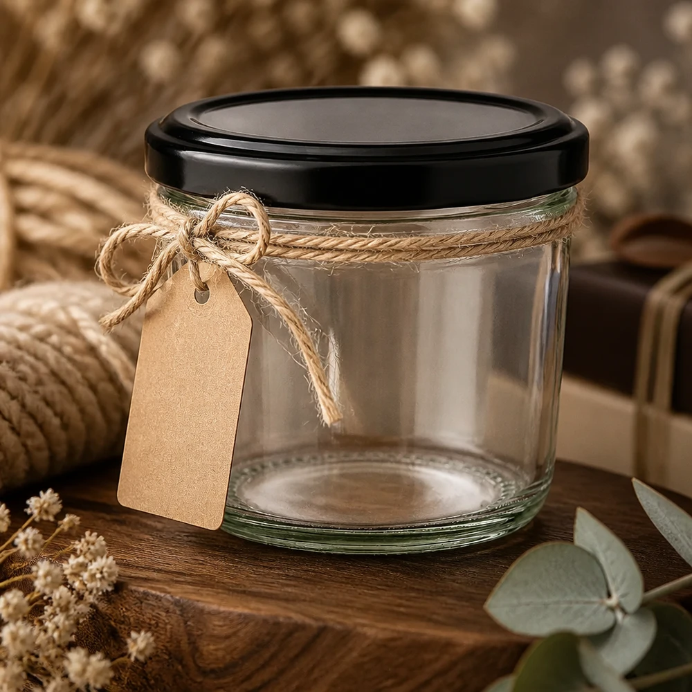Bicchieri da 230 ml con coperchio BasicSeal nero UNiTWIST. Bicchieri da 230 ml con coperchio nero e fiocco di iuta come confezione regalo su sfondo rustico in legno