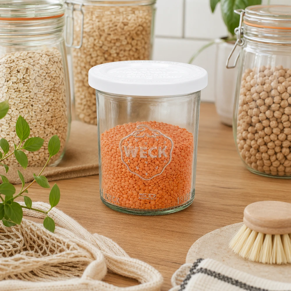 Bicchieri WECK da 160 ml RR60 riempiti di lenticchie rosse in una cucina sostenibile con barattoli e utensili in legno