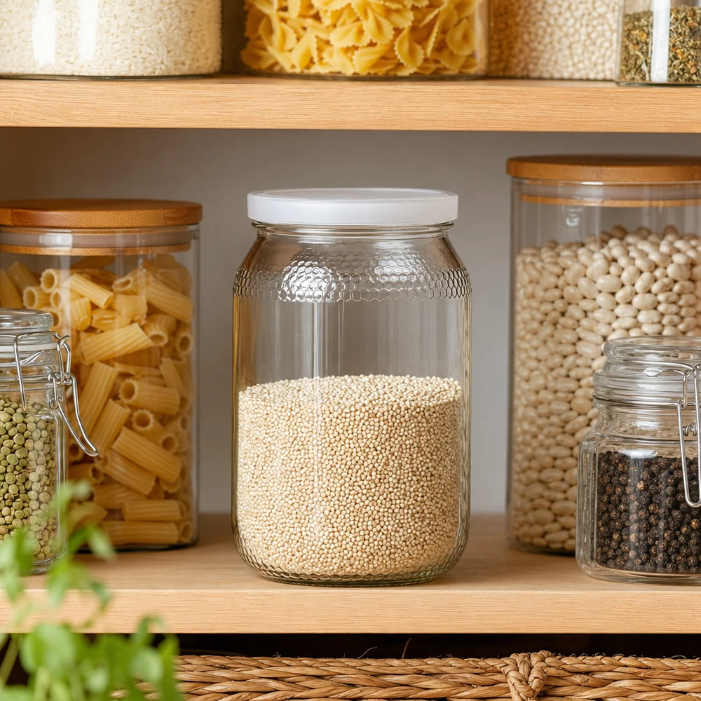 Vasetto per miele da 1260 g con capsula bianca BasicSeal UNiTWIST Vasetto di miele 900ml con quinoa in cucina dispensa Conservazione dispensa Coperchio BasicSeal bianco UNiTWIST