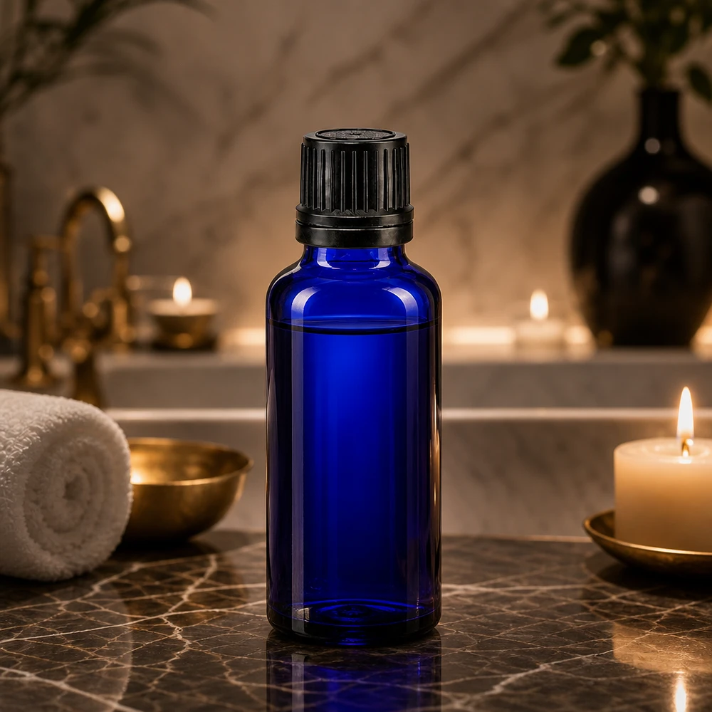 Bottiglia da 30ml blu (Glo.) GR OV nero/8mm ApoGlas Flacone da farmacia da 30 ml blu cobalto con tappo a vite originale su fondo di marmo scuro in un ambiente da spa