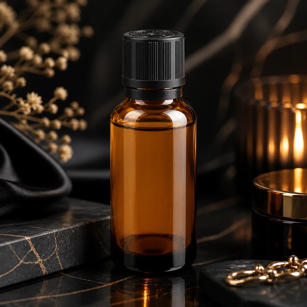 Flacone da farmacia in vetro ambrato da 20 ml con contagocce da 1 mm su marmo nero, in un’elegante presentazione