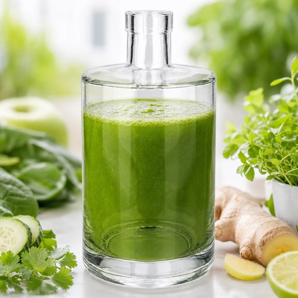 Bottiglia in vetro da 700 ml Marie senza tappo UNiTWIST® Bottiglia di vetro da 700 ml Marie riempita di frullato verde accanto a cetriolo, zenzero ed erbe su uno sfondo chiaro