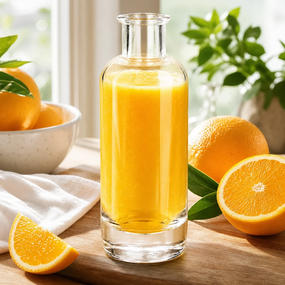 Bottiglia in vetro da 200 ml Ella senza tappo UNiTWIST® Bottiglia di vetro da 200 ml Ella riempita di succo d'arancia circondata da arance fresche mostra bevande naturali a base di frutta Applicazione