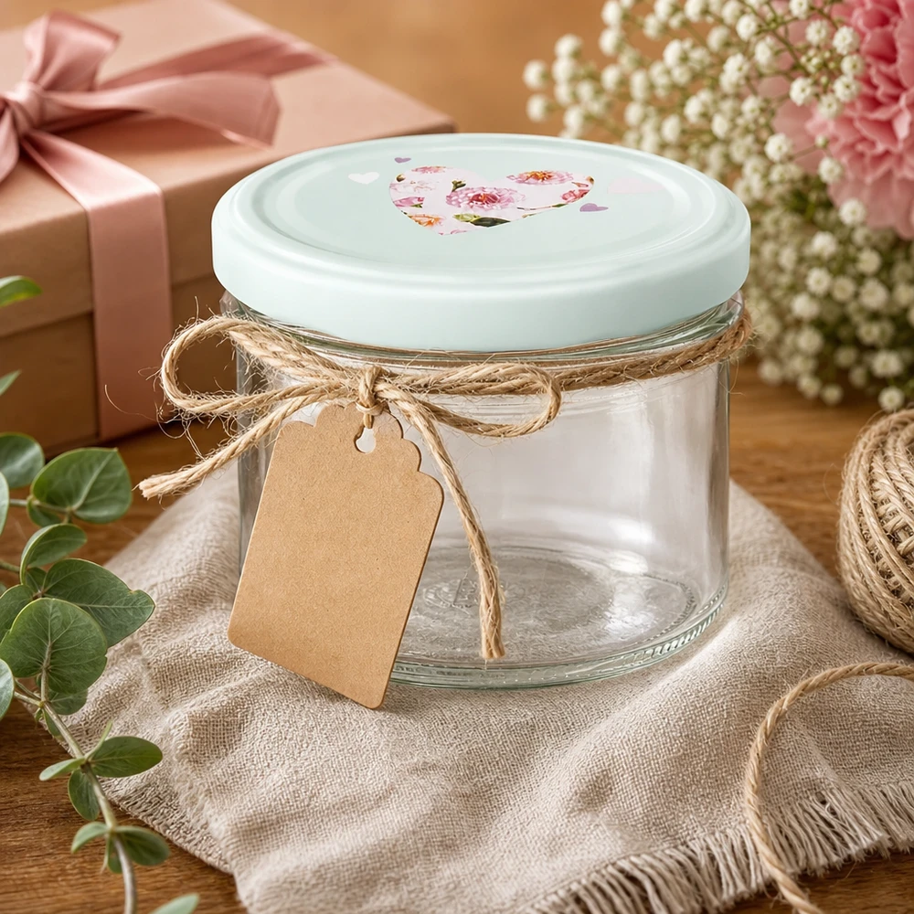 Bicchieri da 225 ml + coperchio BasicSeal cuore menta UNiTWIST Bicchieri da 225 ml con coperchio a cuore BasicSeal alla menta come idea regalo, decorati con cordino di iuta e ciondolo