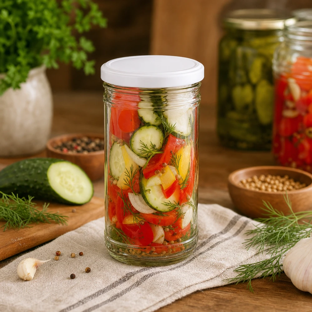 Vaso da 1053 ml con coperchio BasicSeal bianco UN... Bicchieri da 1053 ml con mix di verdure sottaceto cetrioli peperoni cipolle aneto mostra un uso versatile come vaso da conserva
