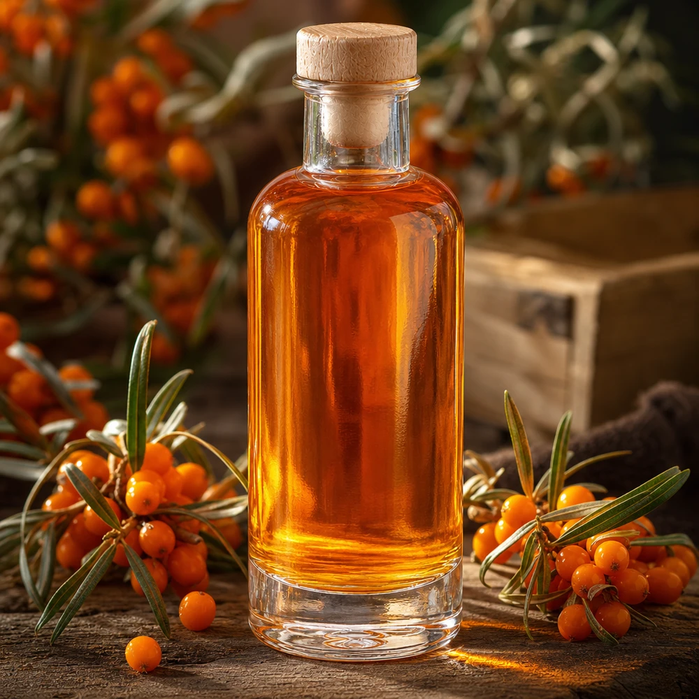 Bottiglia in vetro da 200 ml Ella con tappo in sughero con impugnatura in legno UNiTWIST® Bottiglia di vetro Ella da 200 ml con tappo di legno, riempita con olio di olivello spinoso di colore arancione tra rametti freschi di olivello spinoso.