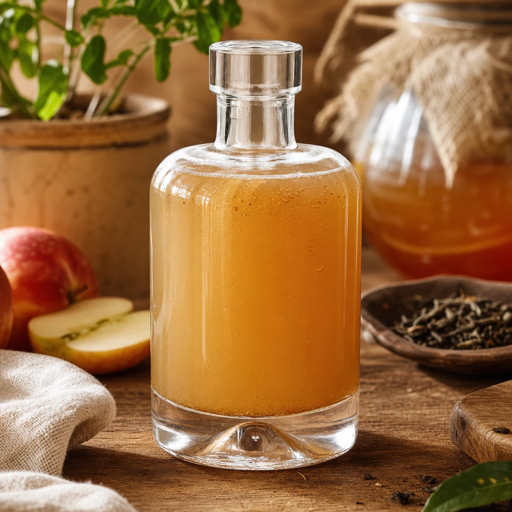 Bottiglia in vetro da 50 ml 50ml Glasflasche "Amelie" ohne Verschluss UNiTWIST senza tappo UNiTWIST® Bottiglia di vetro da 50 ml di Amelie riempita di aceto di sidro di mele accanto a fette di mela e spezie mostra l'uso per aceto e vinaigrette