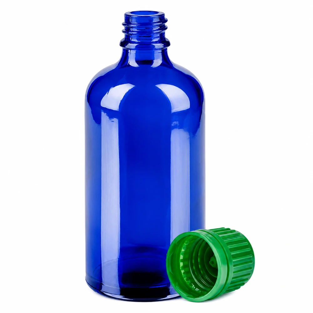 Bottiglia da 100ml 11mm SV verde OV BlueLine UT18/100 Flacone da laboratorio blu da 100 ml con tappo verde antimanomissione per una conservazione sicura.
