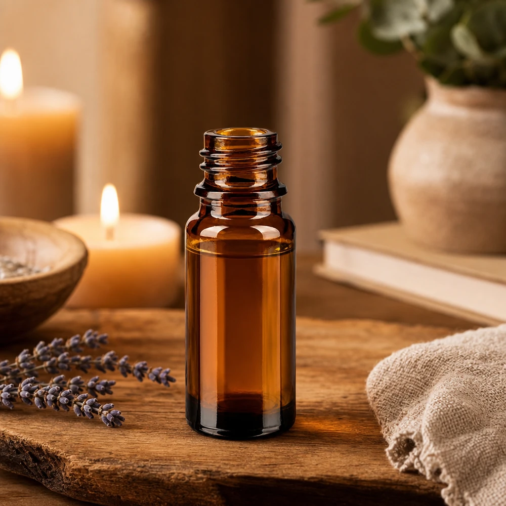 Flacone farmaceutico marrone da 10 ml ApoGlas Flacone da farmacia marrone da 10 ml ApoGlas con candele di fiori di lavanda e accessori per l'aromaterapia su vassoio di legno