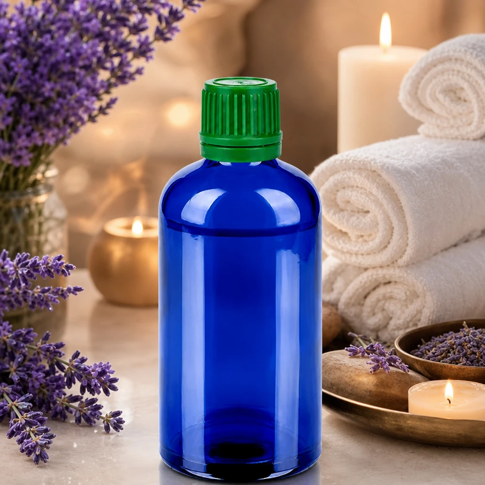 Bottiglia da 100ml 11mm SV verde OV BlueLine UT18/100 Flacone compatto da 100 ml in elegante blu con tappo verde per applicazioni mobili