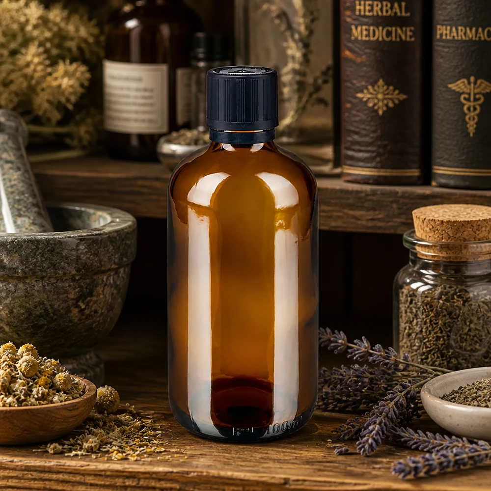 Flacone in vetro ambrato da 100 ml con tappo contagocce nero su un tavolo rustico in legno con erbe aromatiche