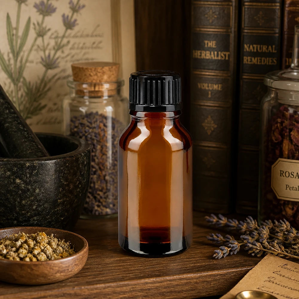 Flacone opaco da 15 ml, marrone, con tappo contagocce, su un tavolino di legno tra erbe aromatiche e libri