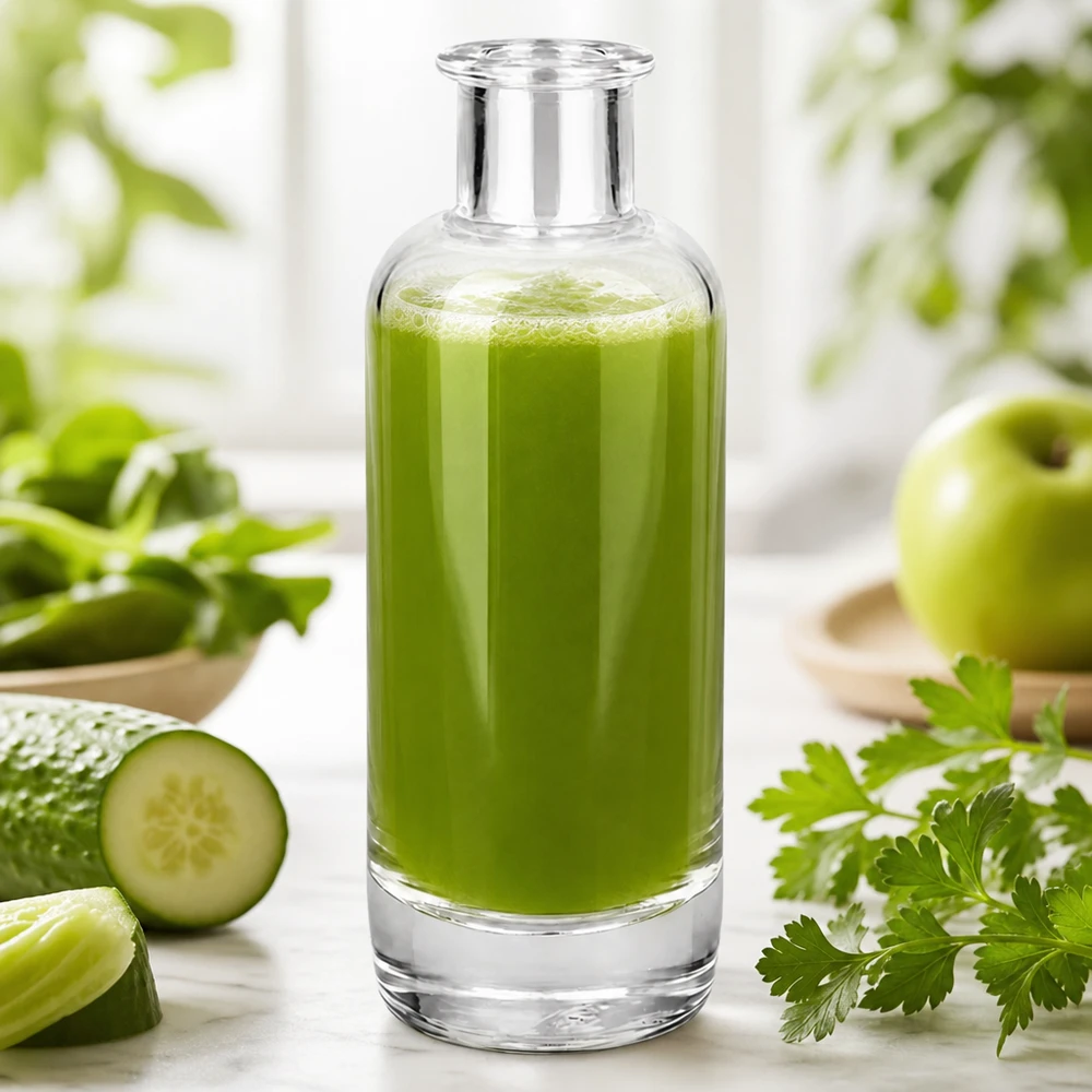 Bottiglia in vetro da 200 ml Ella senza tappo UNiTWIST® Bottiglia da farmacia da 200 ml Ella riempita di frullato verde mostra l'applicazione per bevande e cosmetici
