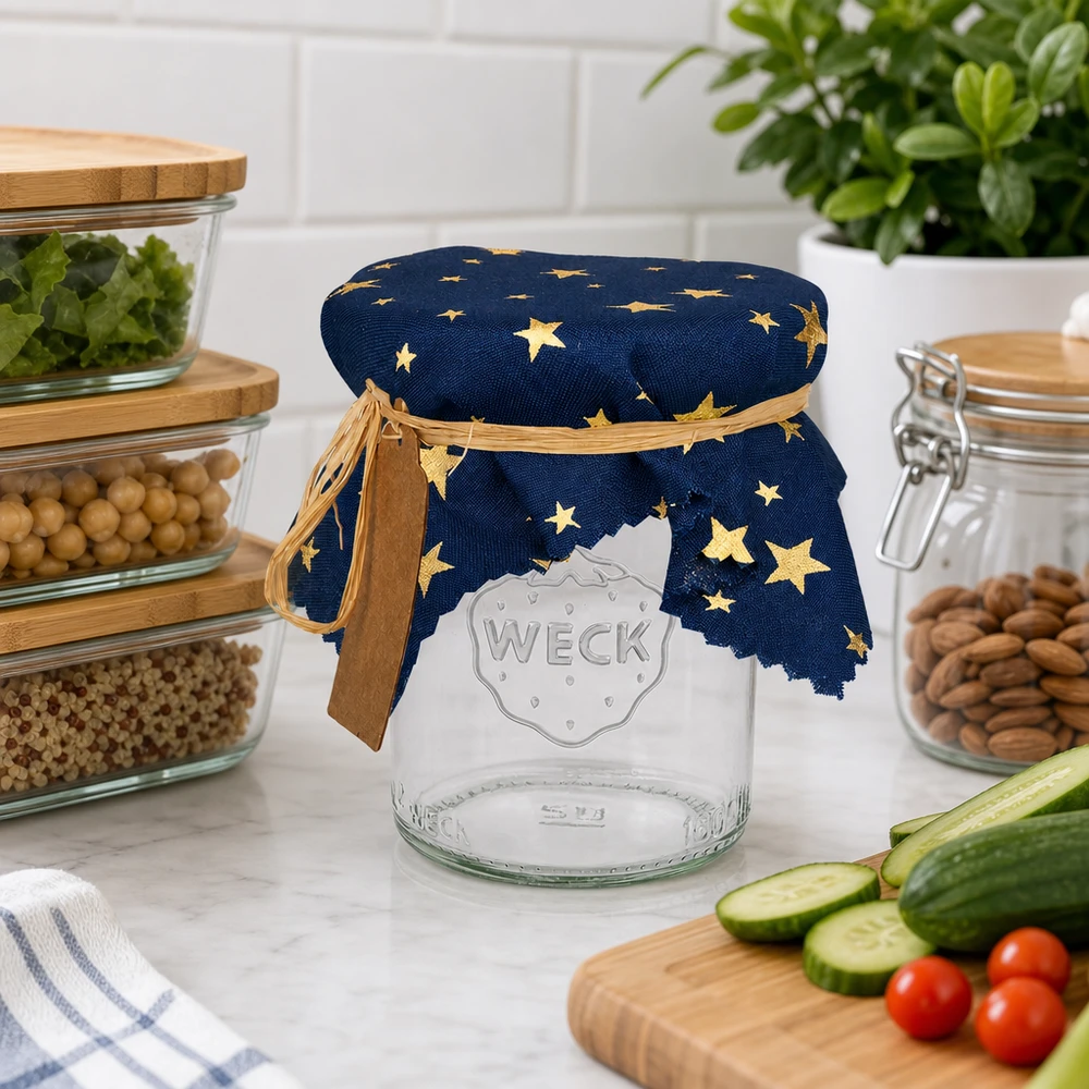 Centrino in tessuto con decorazione a stella su vaso di stoccaggio accanto a utensili da cucina e verdure - centrino blu 15cm