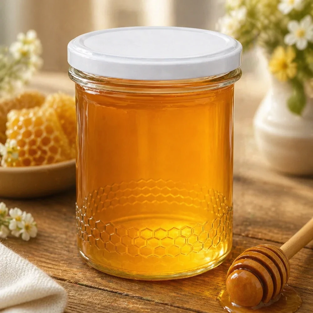 Vasetto per miele da 560 g con capsula bianca BasicSeal UNiTWIST Vasetto di miele da 400 ml pieno di miele dorato accanto a cucchiaio e nido d'ape scena di cucina naturale motivo a nido d'ape