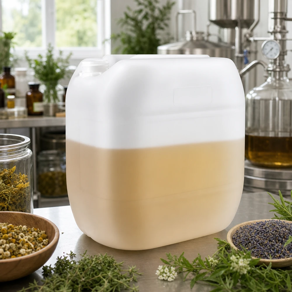 Tanica 30 litri senza tappo Tanica da 30 litri riempita a metà, senza tappo, con livello del liquido visibile di colore beige