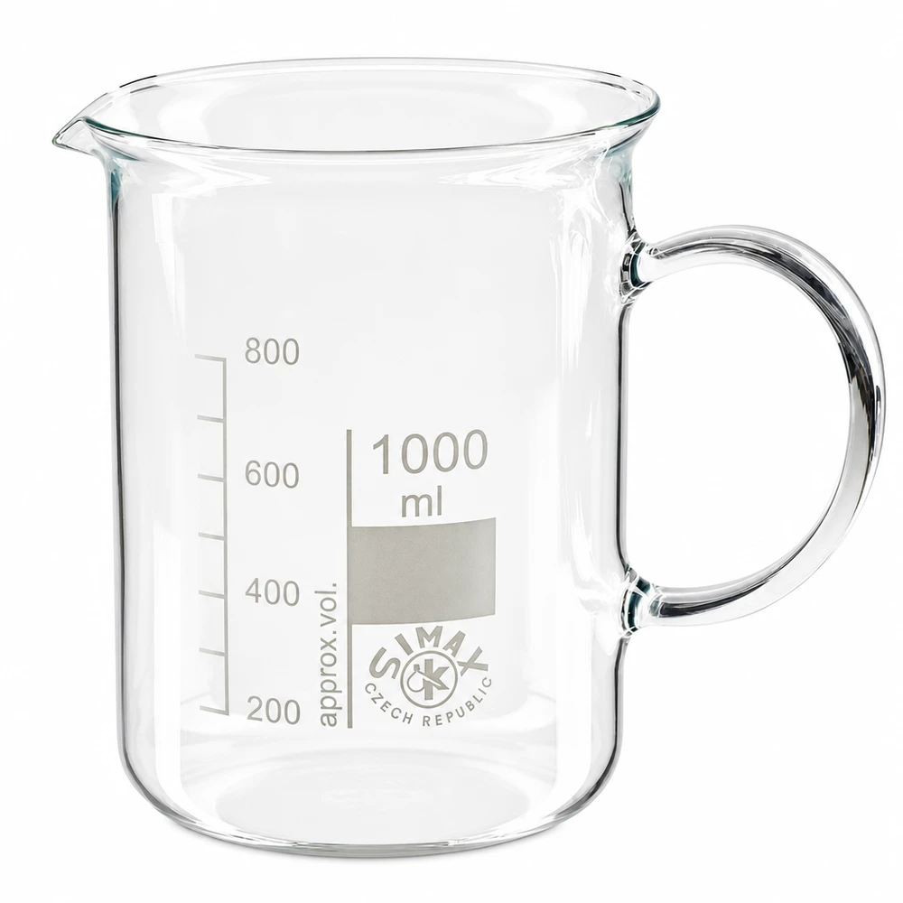 Bicchiere da laboratorio da 1000 ml con manico, in vetro borosilicato trasparente, prodotto da Simax Czech Republic
