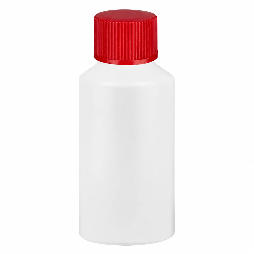 Flacone farmaceutico HDPE 50ml bianco, con tappo rosso SV Flacone da farmacia in HDPE da 50 ml, bianco con tappo a vite rosso, inodore e resistente