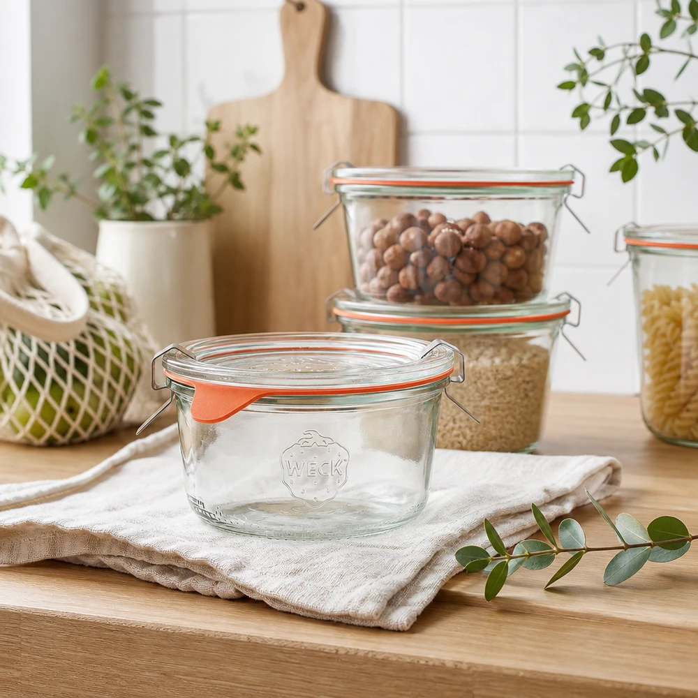Bicchieri WECK 165ml RR80 in una cucina moderna con barattoli pieni di frutta secca e cereali su un piano di lavoro in legno