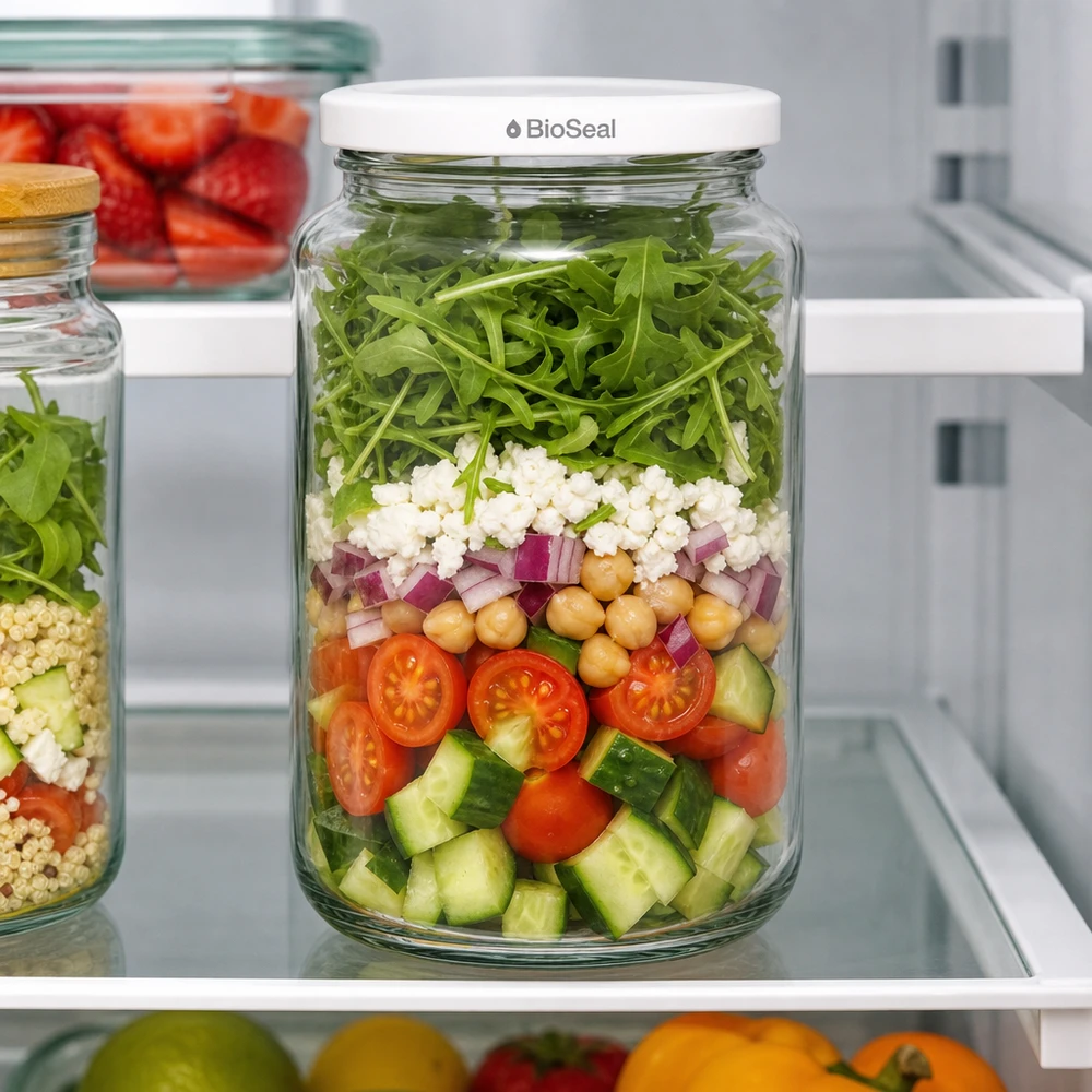 UNiTWIST Runda382 con coperchio bianco TO66 BioSeal UNiTWIST Runda382 Insalata a strati in frigorifero - Barattolo per la preparazione dei pasti con verdure fresche e coperchio bianco BioSeal